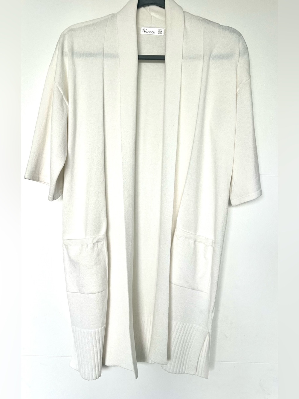 89th & Madison White Kimono Sleeve Open Front Cardigan Shawl Collar Pockets XS